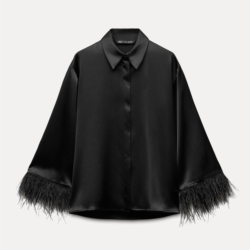 Zara Elegant Black Feather-Trimmed Women's Top